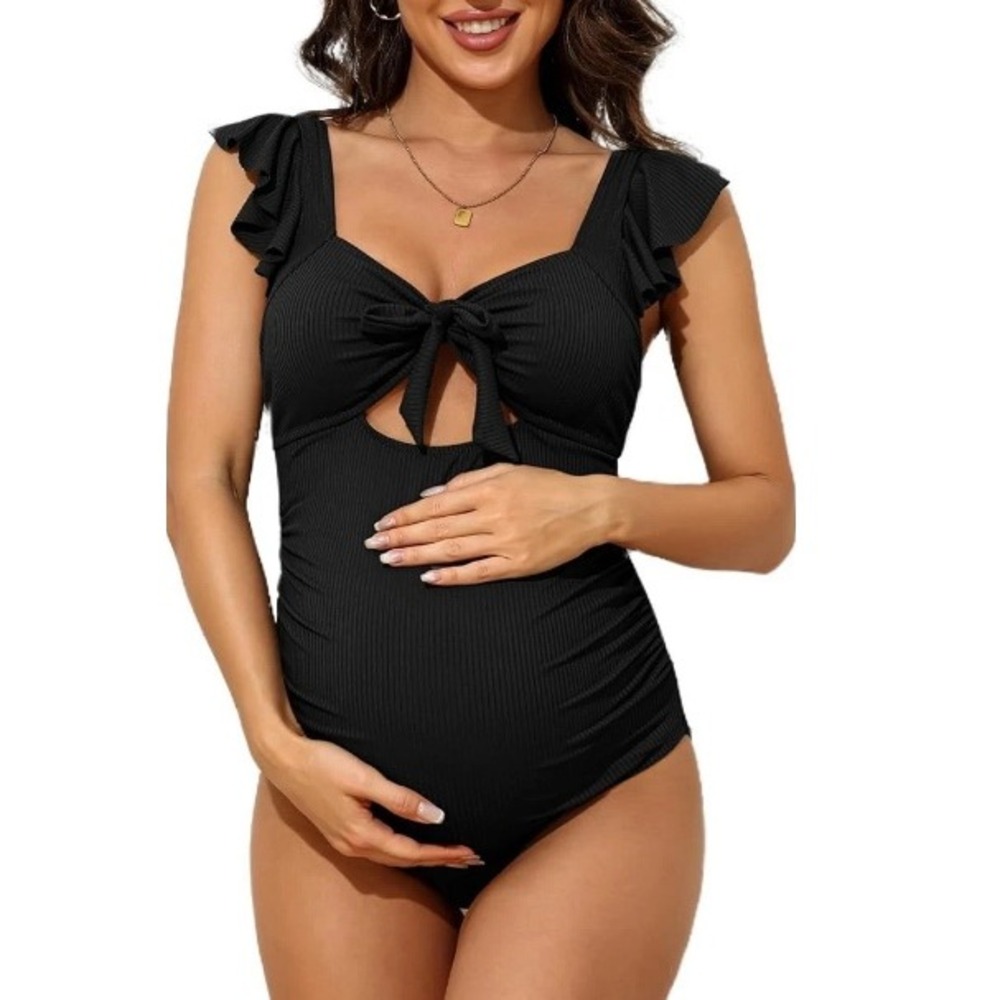 Charmo Women's Black Ribbed Tie Knot Cutout Ruched Maternity Swimsuit Size L NWT